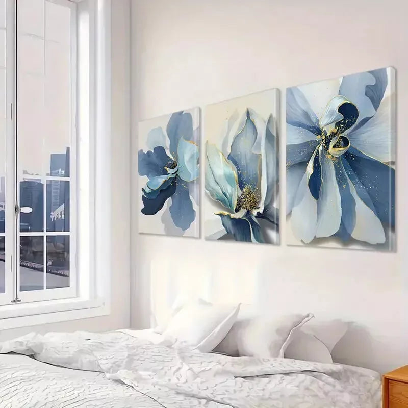 3pcs Blue Floral Canvas Wall Art Set Canvas Framed 40x60cm - High Quality Print 100% Australian Made Wall Canvas Ready to Hang