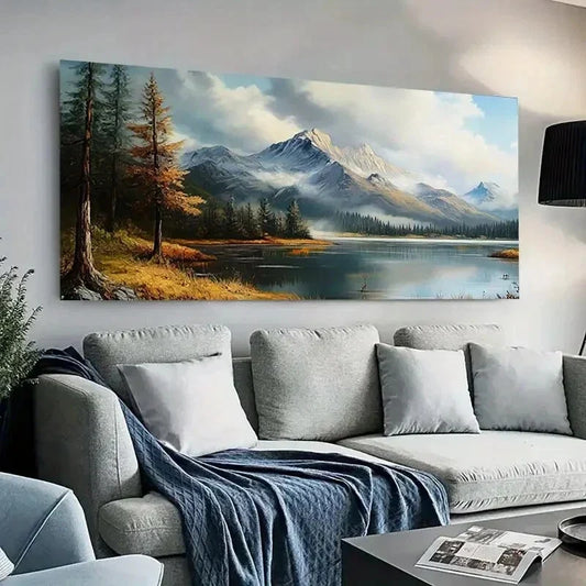 Winter Mountain Lake Trees wall canvas office home room framed 80x45cm