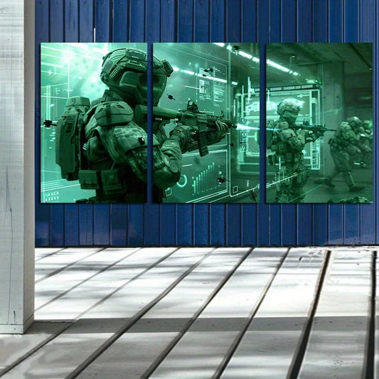 3pcs Soldier Green Theme Gun Shooting Metal Print Ready to Hang Art