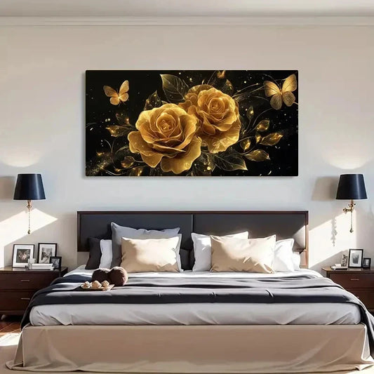 Butterfly Rose Abstract Golden Wall Art Canvas Office Home Room Framed 120x60cm
