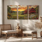 3pcs Red Barn & Tractor, Sunset Sky Farmhouse Metal Print Ready to Hang Art