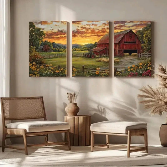 3pcs Red Barn & Tractor, Sunset Sky Farmhouse Metal Print Ready to Hang Art