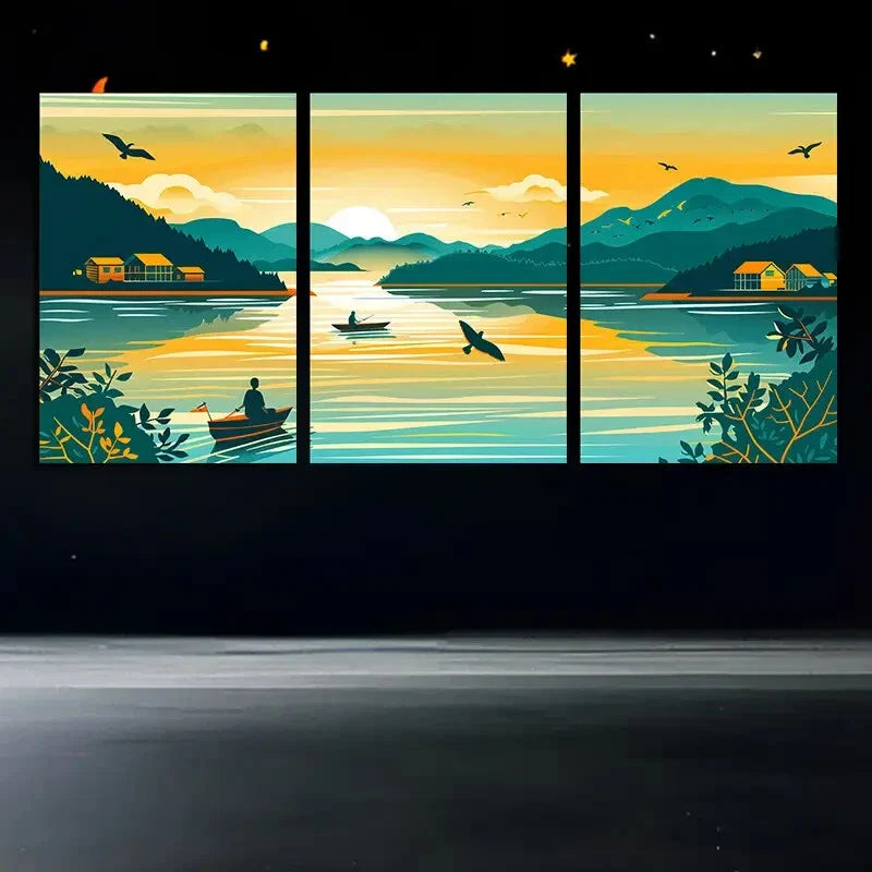 3pcs Fishing Boats Sea Sunrise Flying Bird Metal Print Ready to Hang Art