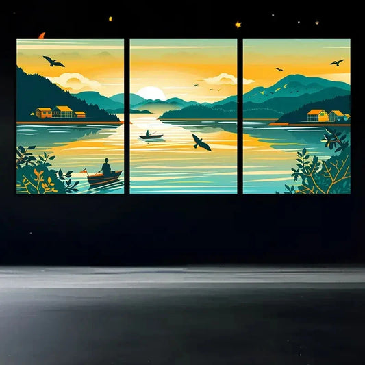 3pcs Fishing Boats Sea Sunrise Flying Bird Metal Print Ready to Hang Art