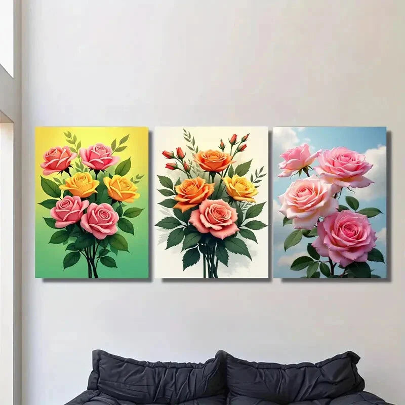 3pcs Colorful Rose Bouquet Vibrant Floral Metal Print Ready to Hang Art