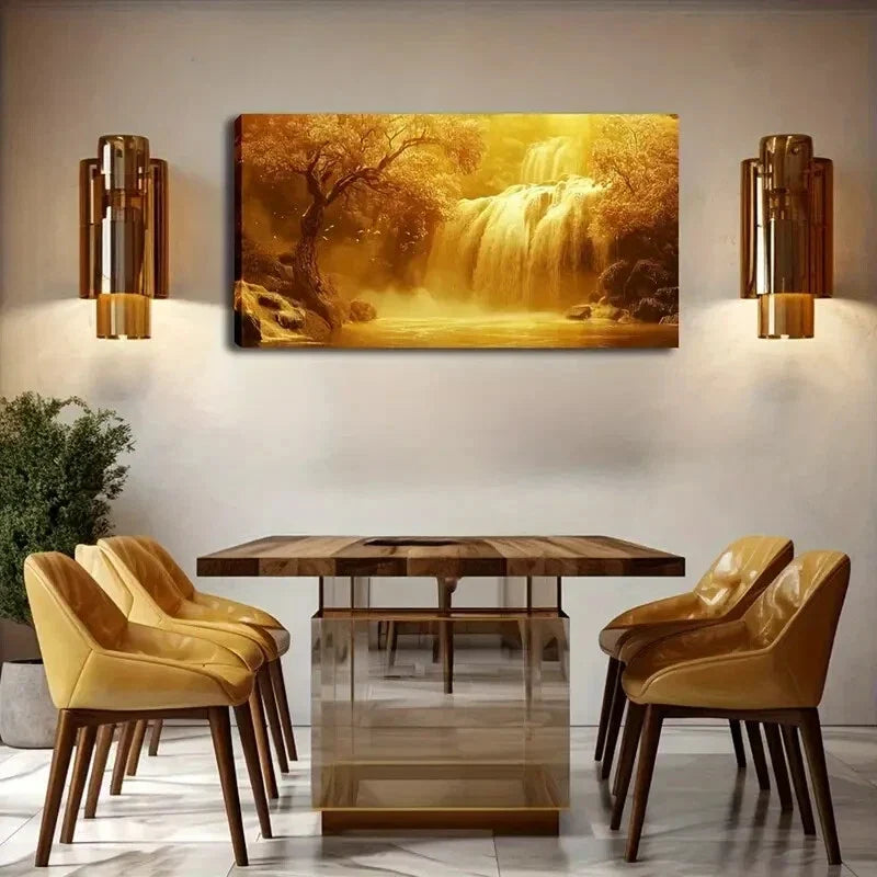Golden Sunlit Waterfall Lands Wall Art Canvas Office Home Room Framed 120x60cm