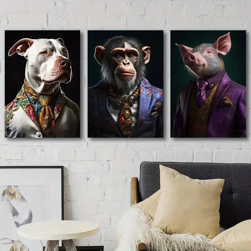 3pcs Bulldog Monkey Pig Wearing Clothes Wall Art Set Canvas Framed 40x60cm - High Quality Print 100% Australian Made Wall Canvas Ready to Hang