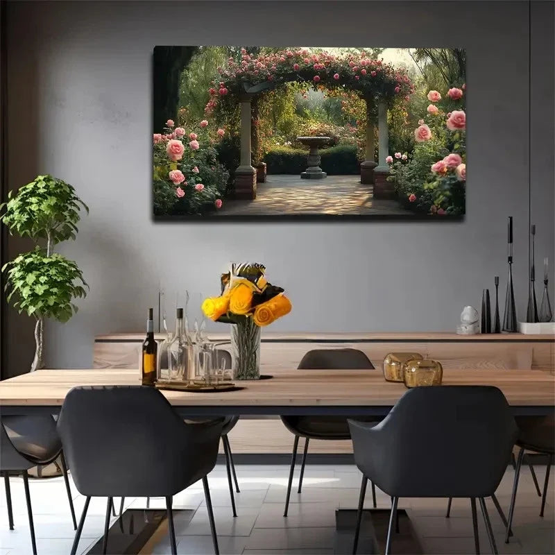 Rose Vine Covered Arch Lush Wall Art Canvas Office Home Room Framed 120x60cm
