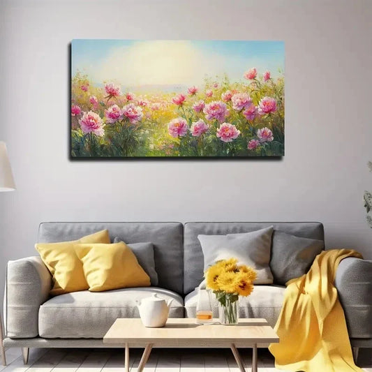 Vibrant Meadow With Pink Wall Art canvas office home room framed 120x60cm