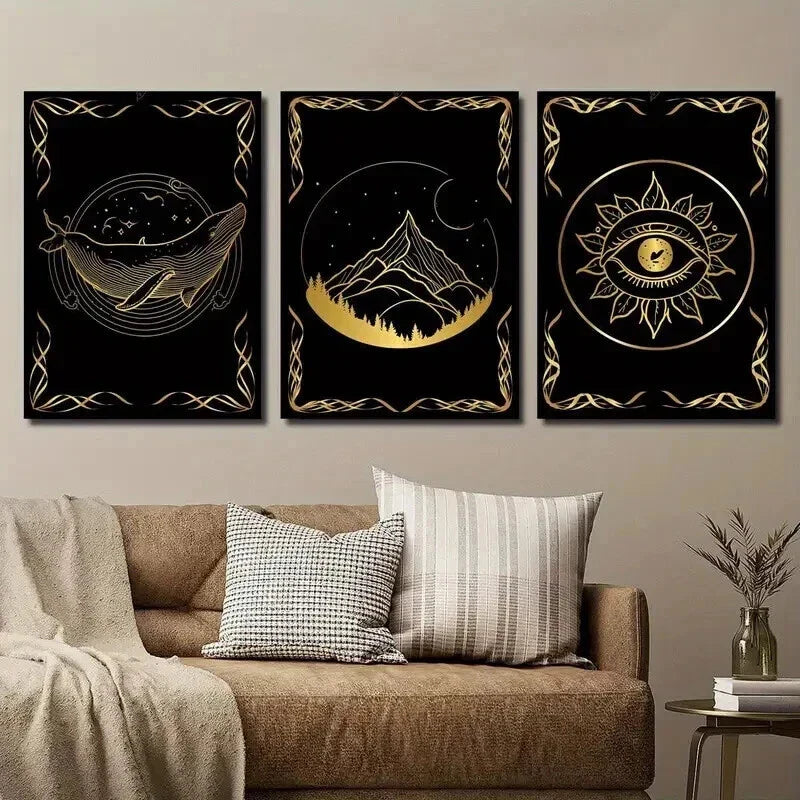 3pcs Black & Golden Whale Eye & Mountain Wall Art Set Canvas Framed 40x60cm - High Quality Print 100% Australian Made Wall Canvas Ready to Hang