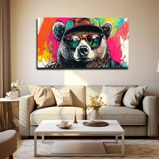 Trendy Bear In Hat & Fashion Wall Art Canvas Office Home Room Framed 80x45cm