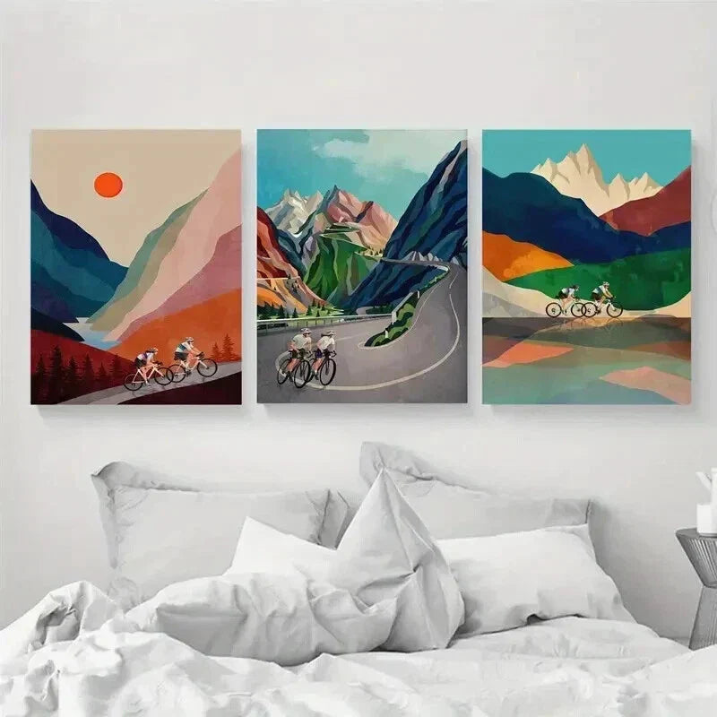 3pcs Vibrant Cycling Couple Scenic Landscape Wall Art Set Canvas Framed 40x60cm - High Quality Print 100% Australian Made Wall Canvas Ready to Hang