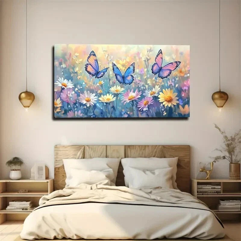 Butterfly Flower Field Décor Wall Art Canvas Office Home Room Framed 120x60cm