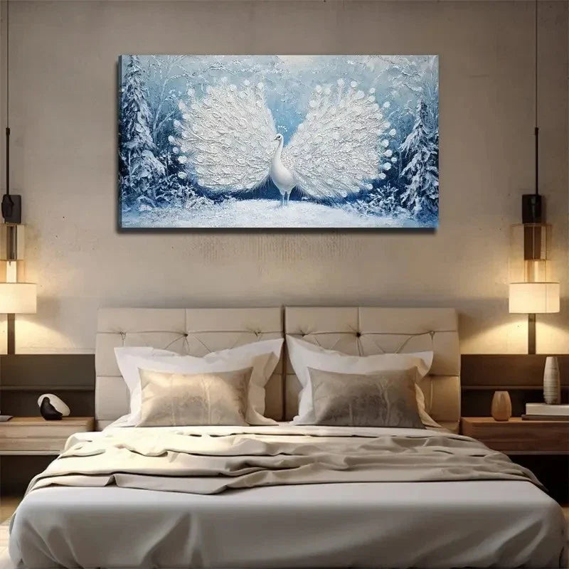 White Peacock Perfect Wall Art Canvas Office Home Room Framed 80x45cm