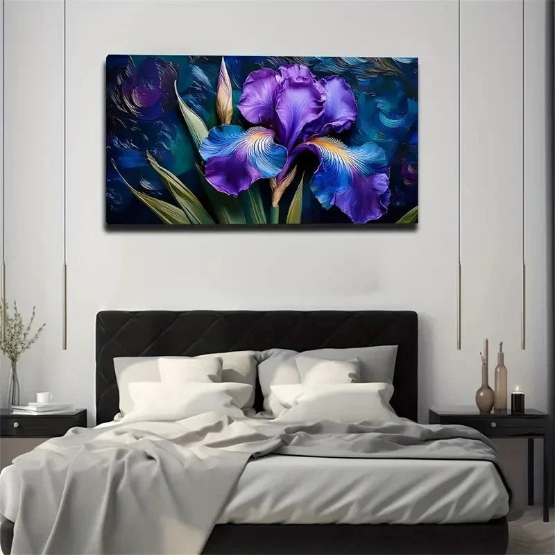 Vibrant Purple Iris Flower Wall Art Canvas Office Home Room Framed 80x45cm
