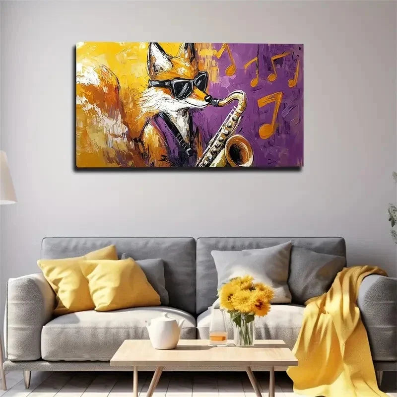 Fox Playing Saxophone Vibrant Wall Art Canvas Office Home Room Framed 120x60cm