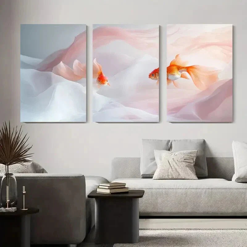 3pcs Elegant Goldfish Soft Abstract Watercolor Metal Print Ready to Hang Art
