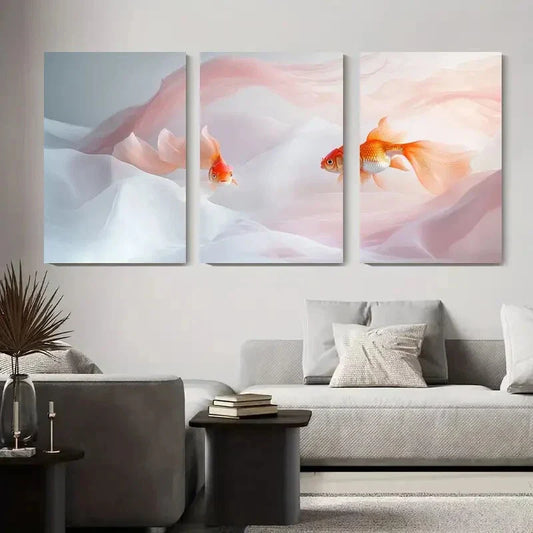 3pcs Elegant Goldfish Soft Abstract Watercolor Metal Print Ready to Hang Art