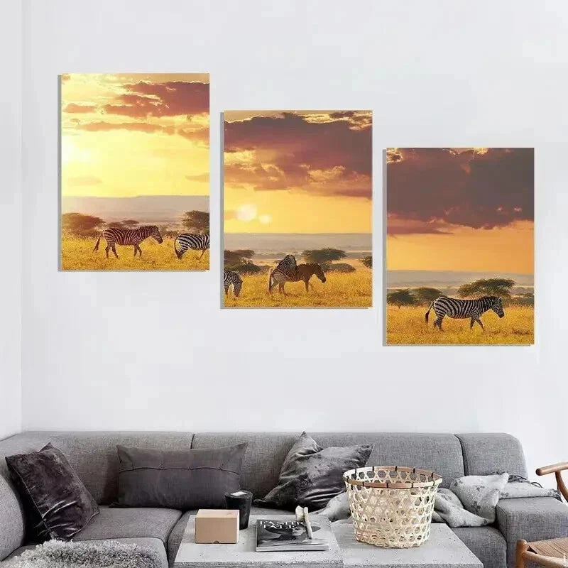 3pcs African Savannah Sunset Zebra Landscape Wall Art Set Canvas Framed 40x60cm - High Quality Print 100% Australian Made Wall Canvas Ready to Hang
