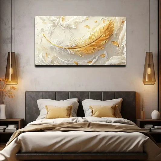 Golden Feather Abstract Wall Art canvas office home room framed 120x60cm