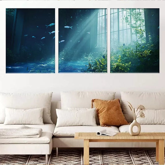 3pcs Tranquil Underwater Scene with Light Rays Wall Wall Art Set Canvas Framed 40x60cm - High Quality Print 100% Australian Made Wall Canvas Ready to Hang