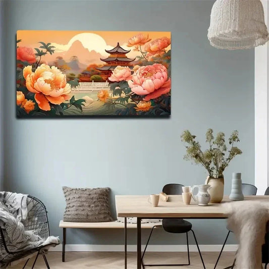 Vibrant Oriental Landscape Deco Wall Art Canvas Office Home Room Framed 80x45cm