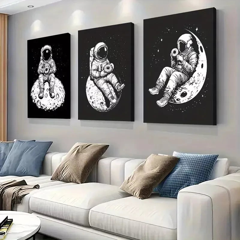 3pcs  Astronaut on Moon in black and white Wall Art Set Canvas Framed 40x60cm - High Quality Print 100% Australian Made Wall Canvas Ready to Hang
