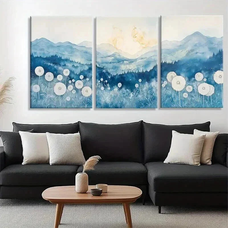 3pcs Blue White Mountain and Dandelion Field Wall Art Set Canvas Framed 40x60cm - High Quality Print 100% Australian Made Wall Canvas Ready to Hang