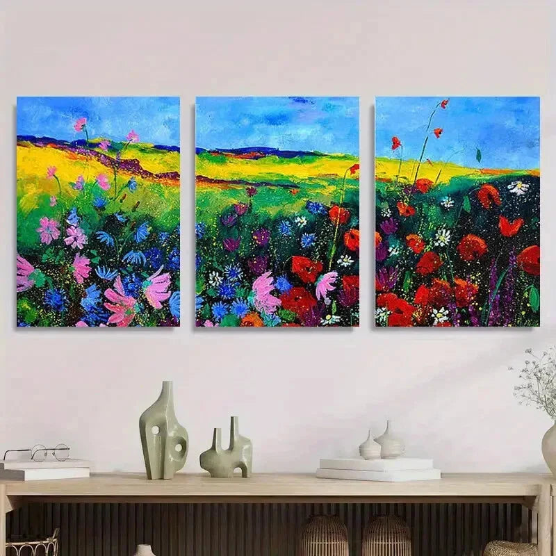 3pcs Vibrant Abstract Floral Landscape Metal Print Ready to Hang Art