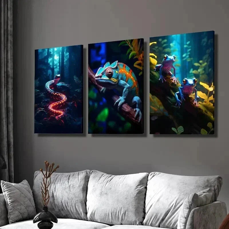 3pcs Colorful Chameleon Snake & Psychedelic Frog Wall Art Set Canvas Framed 40x60cm - High Quality Print 100% Australian Made Wall Canvas Ready to Hang