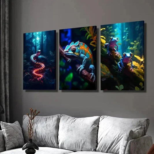 3pcs Colorful Chameleon Snake & Psychedelic Frog Wall Art Set Canvas Framed 40x60cm - High Quality Print 100% Australian Made Wall Canvas Ready to Hang