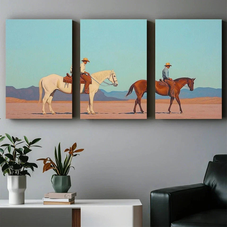 3pcs Horse Riding White and Brown Horse Metal Print Ready to Hang Art