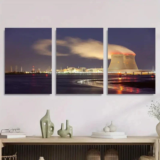 3pcs Nighttime Nuclear Power Plant Metal Print Ready to Hang Art