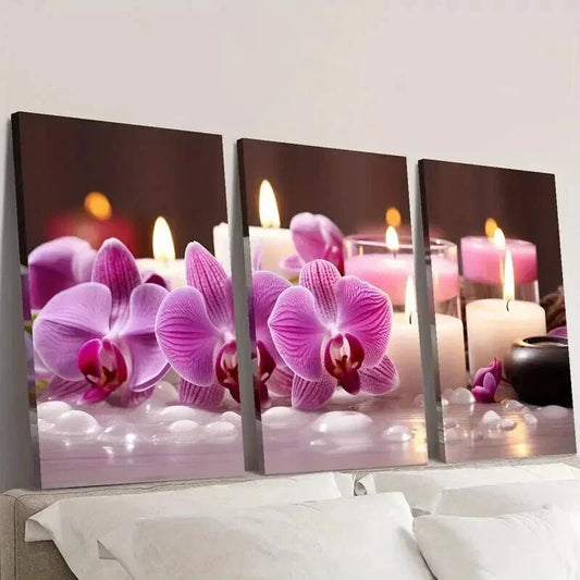 3pcs Orchid Scented Candle Decoration Wall Art Set Canvas Framed 40x60cm - High Quality Print 100% Australian Made Wall Canvas Ready to Hang
