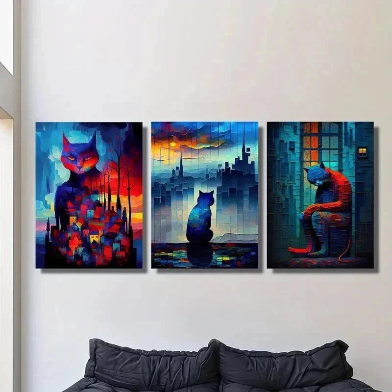 3pcs Lonely Cat Under Fantasy Night Wall Art Set Canvas Framed 40x60cm - High Quality Print 100% Australian Made Wall Canvas Ready to Hang