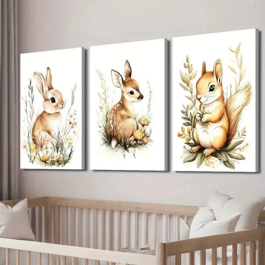 3pcs Rabbit in Flowers Deer And Squirrel Wall Art Set Canvas Framed 40x60cm - High Quality Print 100% Australian Made Wall Canvas Ready to Hang
