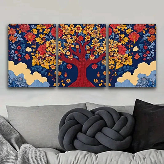 3pcs Vibrant Floral & Tree Paintings Metal Print Ready to Hang Art