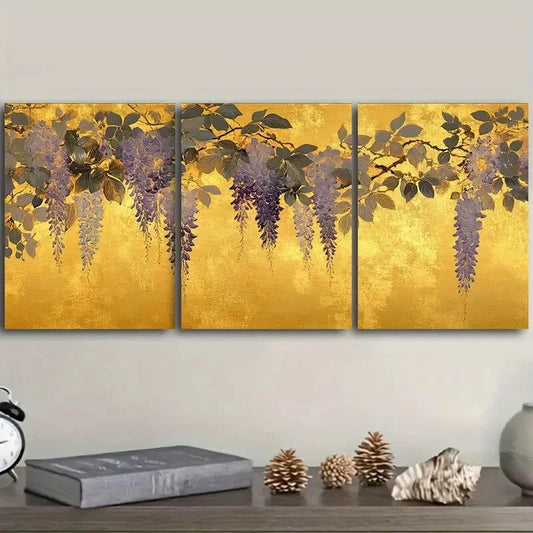 3pcs Gold foil floral wisteria Metal Print Ready to Hang Art