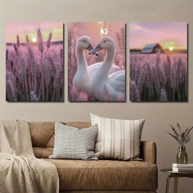 3pcs Sunset Swans & Purple Wheat Field Decor Wall Art Set Canvas Framed 40x60cm - High Quality Print 100% Australian Made Wall Canvas Ready to Hang