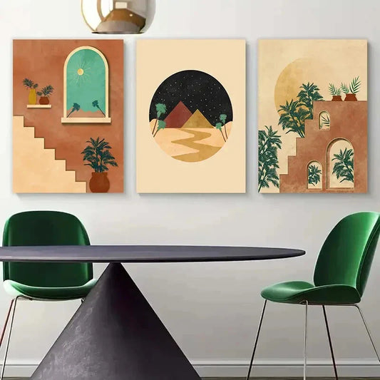 3pcs Orange Red Desert Palm &amp; Pyramid Metal Print Ready to Hang Art