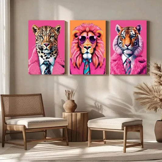 3pcs Funky Animal Fashion Portraits Metal Print Ready to Hang Art