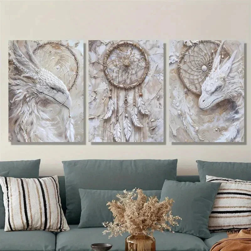 3pcs mythical creatures, dragons, dream catchers Metal Print Ready to Hang Art