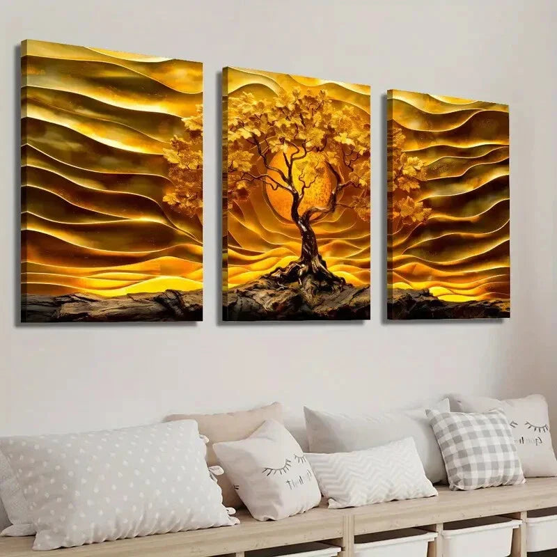 3pcs Abstract Golden Tree of Life Wall Art Set Canvas Framed 40x60cm - High Quality Print 100% Australian Made Wall Canvas Ready to Hang