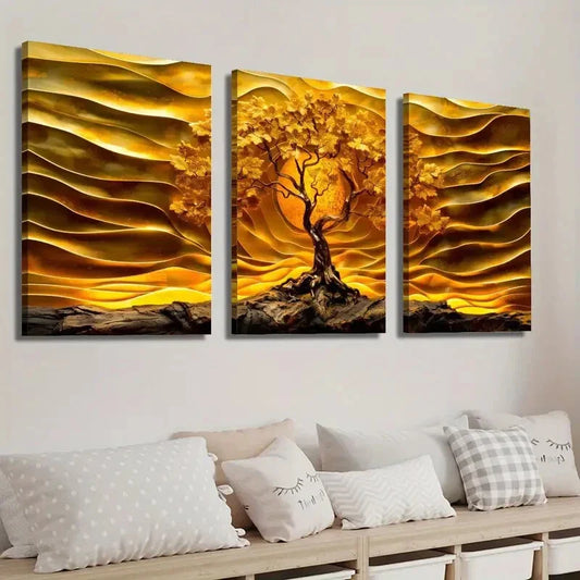 3pcs Abstract Golden Tree of Life Wall Art Set Canvas Framed 40x60cm - High Quality Print 100% Australian Made Wall Canvas Ready to Hang
