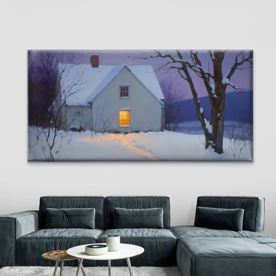 Snow Cottage Landscape Wall Art Canvas Office Home Room Framed 120x60cm