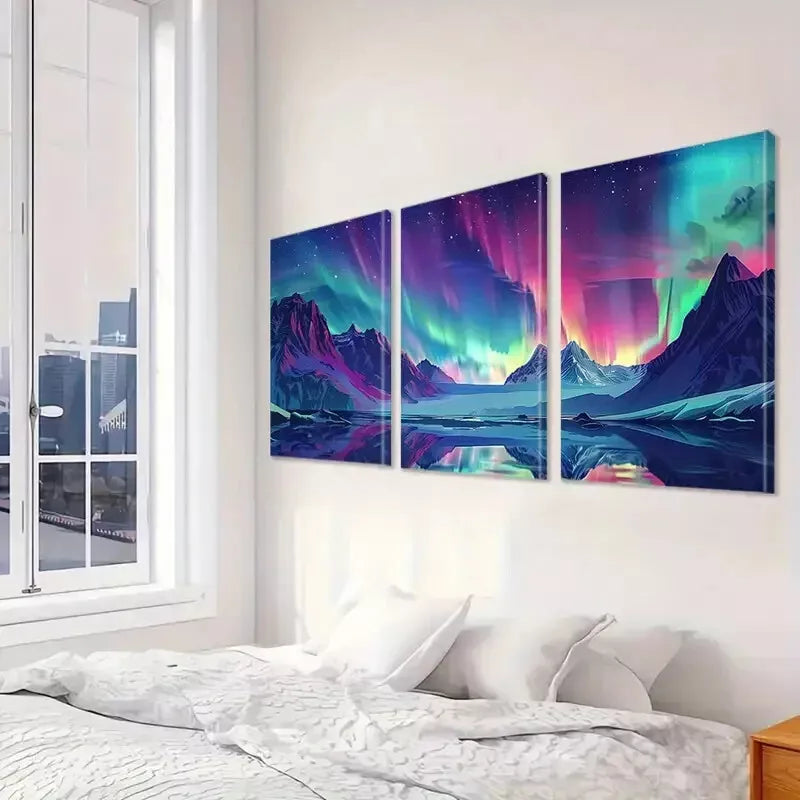 3pcs Decorative Aurora Borealis Icy Mountains Wall Art Set Canvas Framed 40x60cm - High Quality Print 100% Australian Made Wall Canvas Ready to Hang