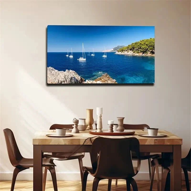 Mediterranean Sailboat Wall Art Canvas Office Home Room Framed 80x45cm