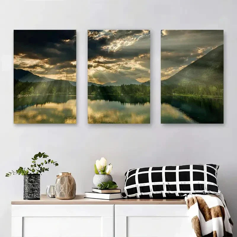 3pcs Mountain Lake Sunset Sunlight Breaking Metal Print Ready to Hang Art