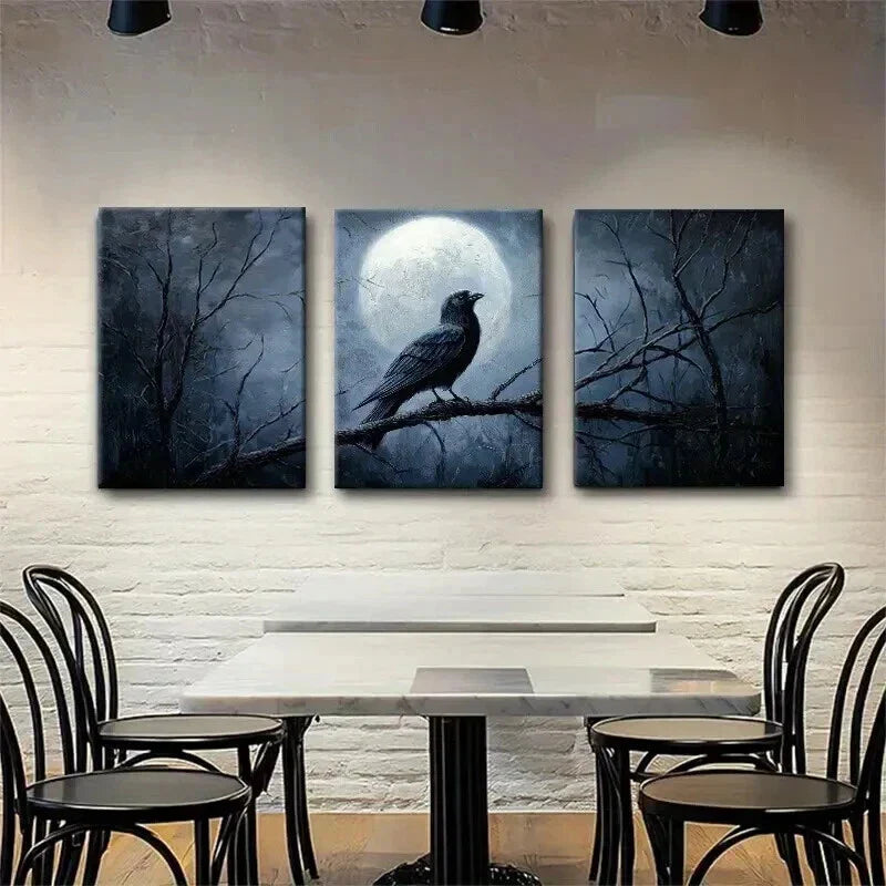 3pcs Mysterious Raven and Moon Night Perfect Wall Art Set Canvas Framed 40x60cm - High Quality Print 100% Australian Made Wall Canvas Ready to Hang