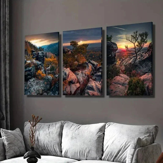 3pcs Sunset in Saxon Switzerland Mountains Wall Art Set Canvas Framed 40x60cm - High Quality Print 100% Australian Made Wall Canvas Ready to Hang